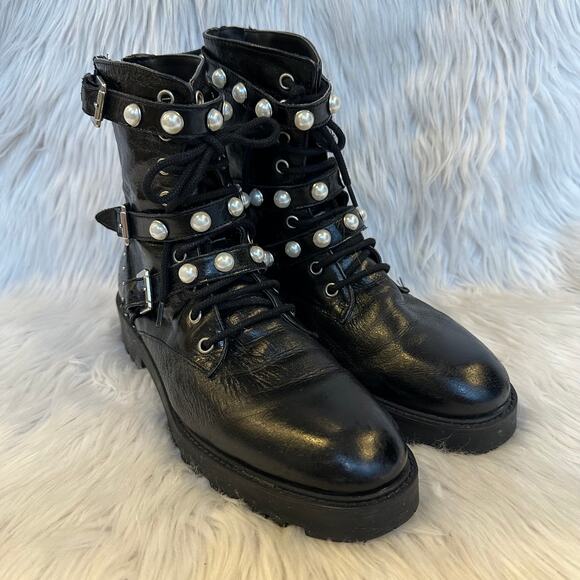 ZARA Genuine Leather Ankle Combat Boots Faux Pearl Lace-Up Flat Boots, Black - Picture 6 of 16